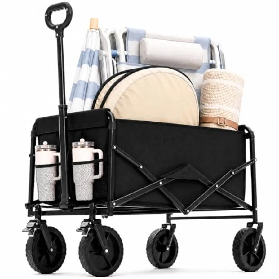 Collapsible Wagon Cart for Beach Garden Sports Grocery Camping, Heavy Duty Steel Frame, Black, 220 lbs Capacity Flexible Handle
