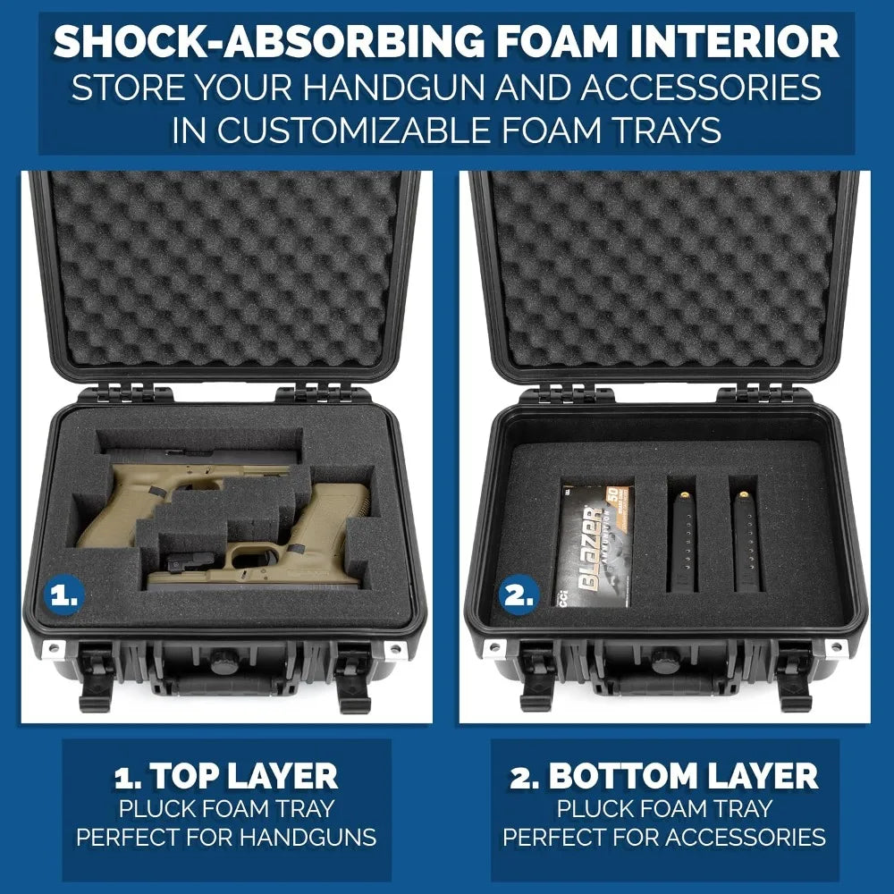 Double Pistol Hard Case - Waterproof & Shockproof for 2 Handguns, Magazines & Accessories