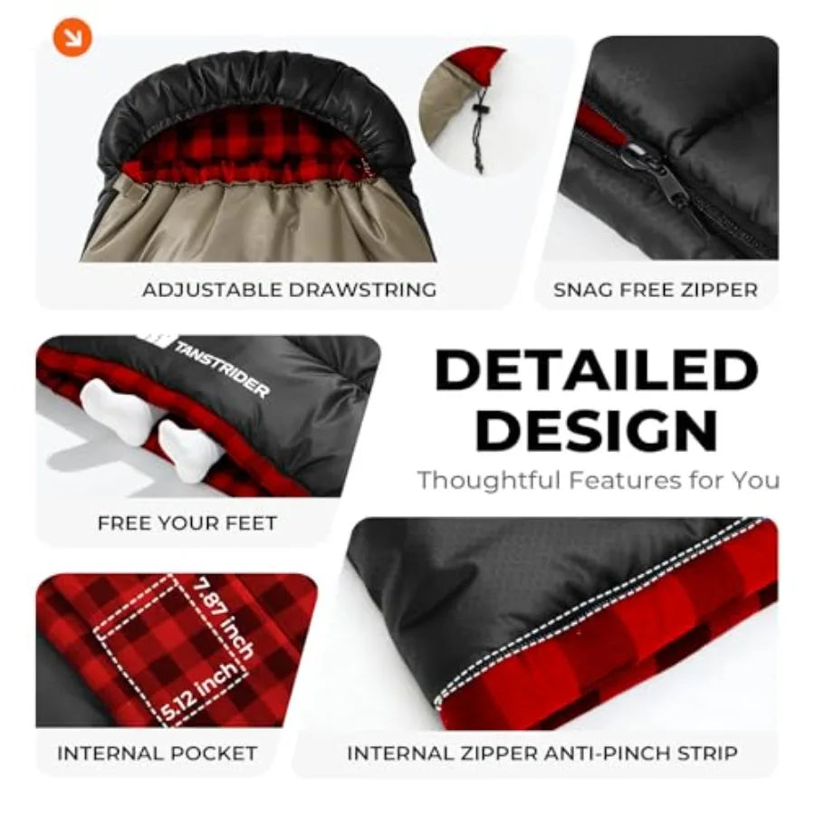 Cotton Flannel XXL Cold Weather Sleeping Bags for Adults Big and Tall, 90x39 Inch 4 Season Camping Sleeping Bag, Waterproof Mac