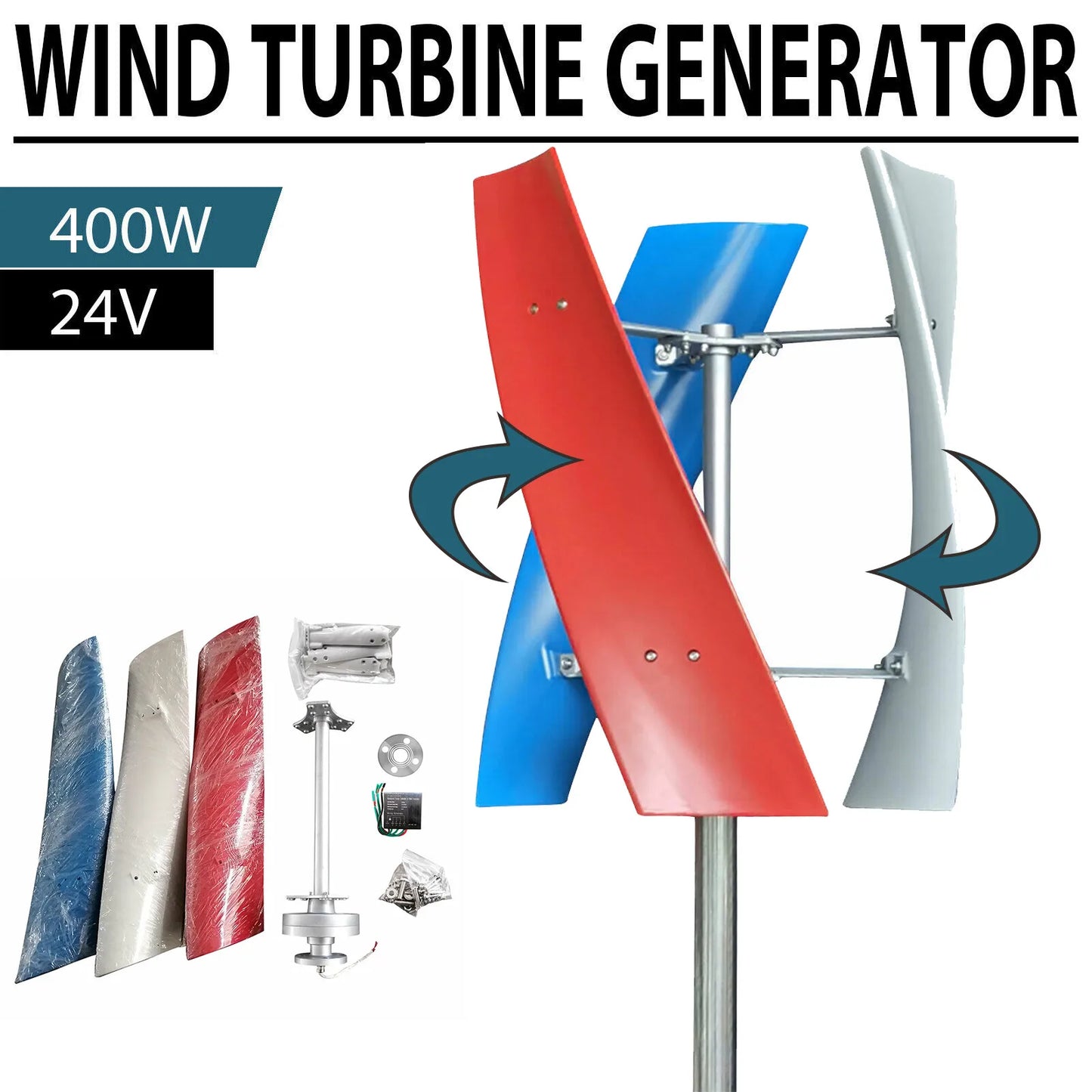 Vertical Wind Turbine Generator with Regulator, Suitable for Marine/Home Use 400W 24V