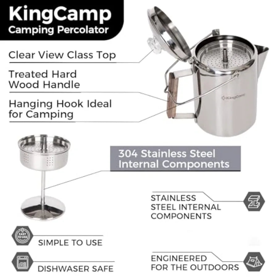 Percolator Coffee Pot Campfire Coffee Boiler Kettle 304 Stainless Steel with Wood Handle for Outdoor Camping Cookware, Cabin, R