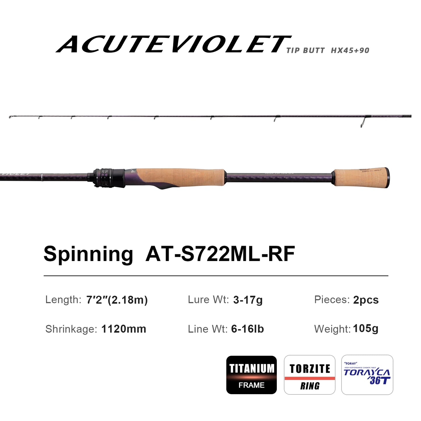 PURELURE ACUTEVIOLET Bass Fishing Rod Spinning Baitcasting Rod  36T Carbon Fiber Jerkbait Rod 2 Piece Regular Fast Action Titanium Frame Guide with Torzite Ring Carbon Reel Seat