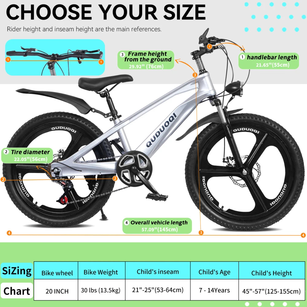 Ye FKZNPJ 20 Inch 7-Speed Kids Mountain Bike with Magnesium Alloy Frame & One-Piece Wheels, Lightweight Bicycle for 8 - 12 Year Old Boys and Girls