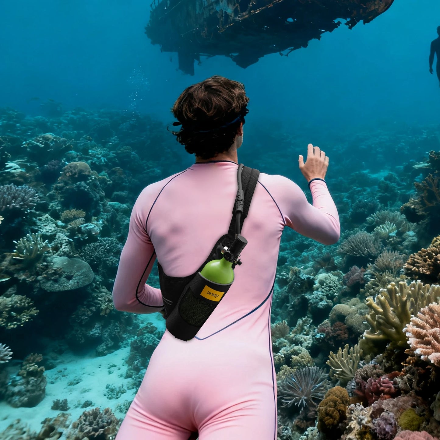Mini Scuba Tank, Refillable Oxygen Cylinder 1L, Diving Air Tank, Constant Pressure, Safety Valve, Silicone Mouthpiece, Aluminum