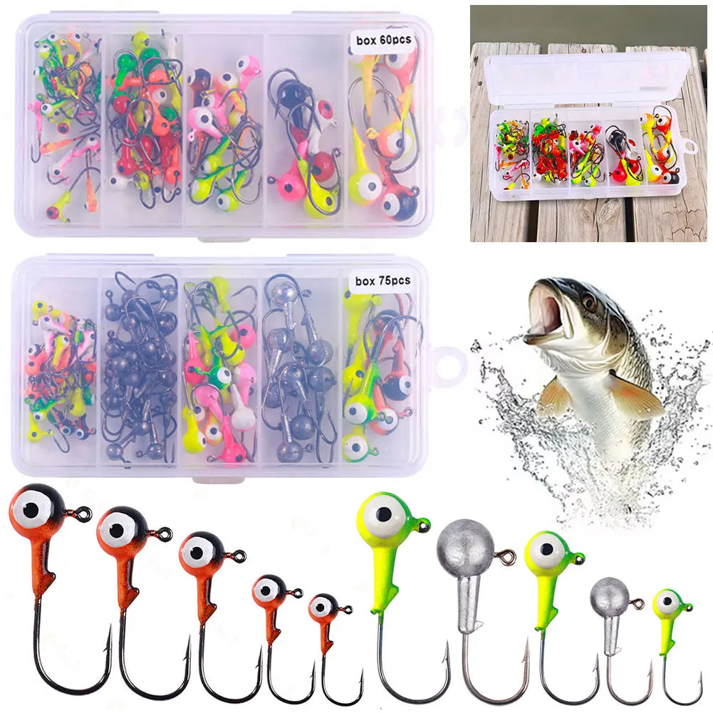 60/75pcs/box Barbed Jig Head Hooks Metal Jig Hooks Jigging Head Hooks for Soft Lure Worm Fishing Fishhook
