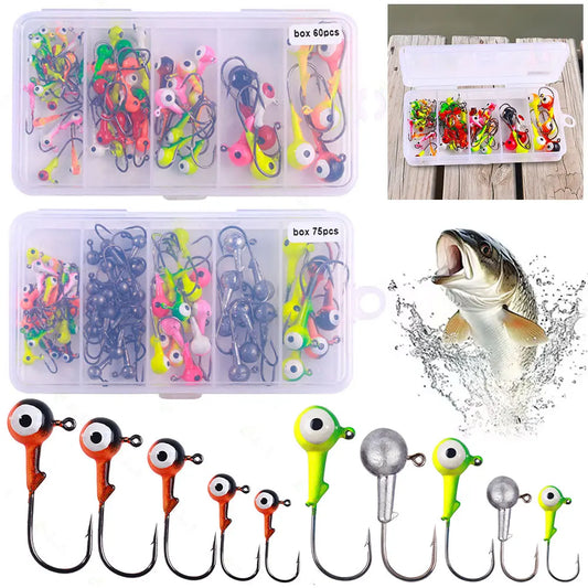 60/75pcs/box Barbed Jig Head Hooks Metal Jig Hooks Jigging Head Hooks for Soft Lure Worm Fishing Fishhook