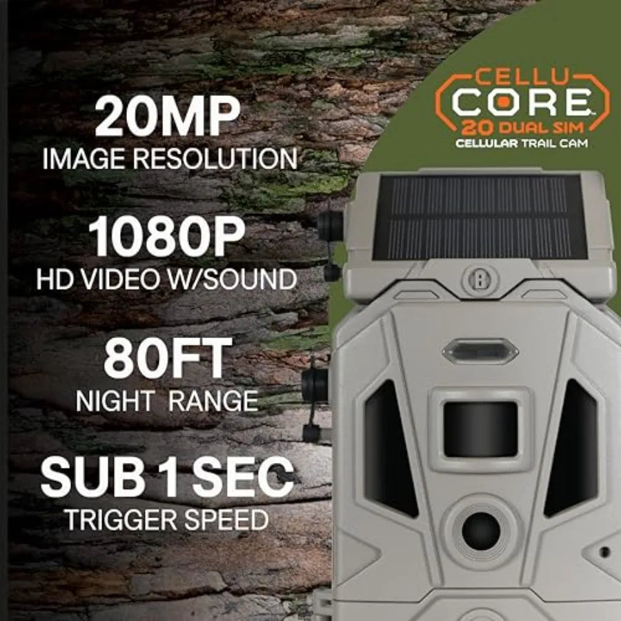 Solar trail camera for hunting, rugged ABS plastic body in black, ultra-low glow infrared night vision with 20MP photos and 108