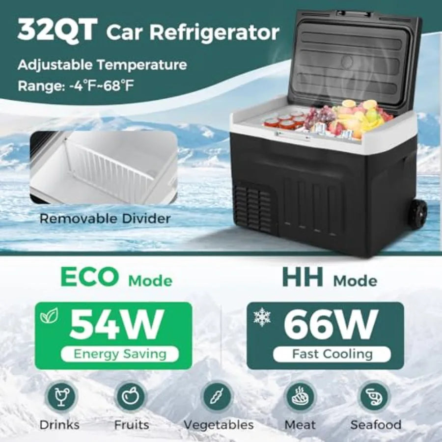 Portable 32-quart Car Refrigerator Black 12/24V DC 100-240V AC Electric Cooler Freezer with Adjustable Temp Range -468 and Divi
