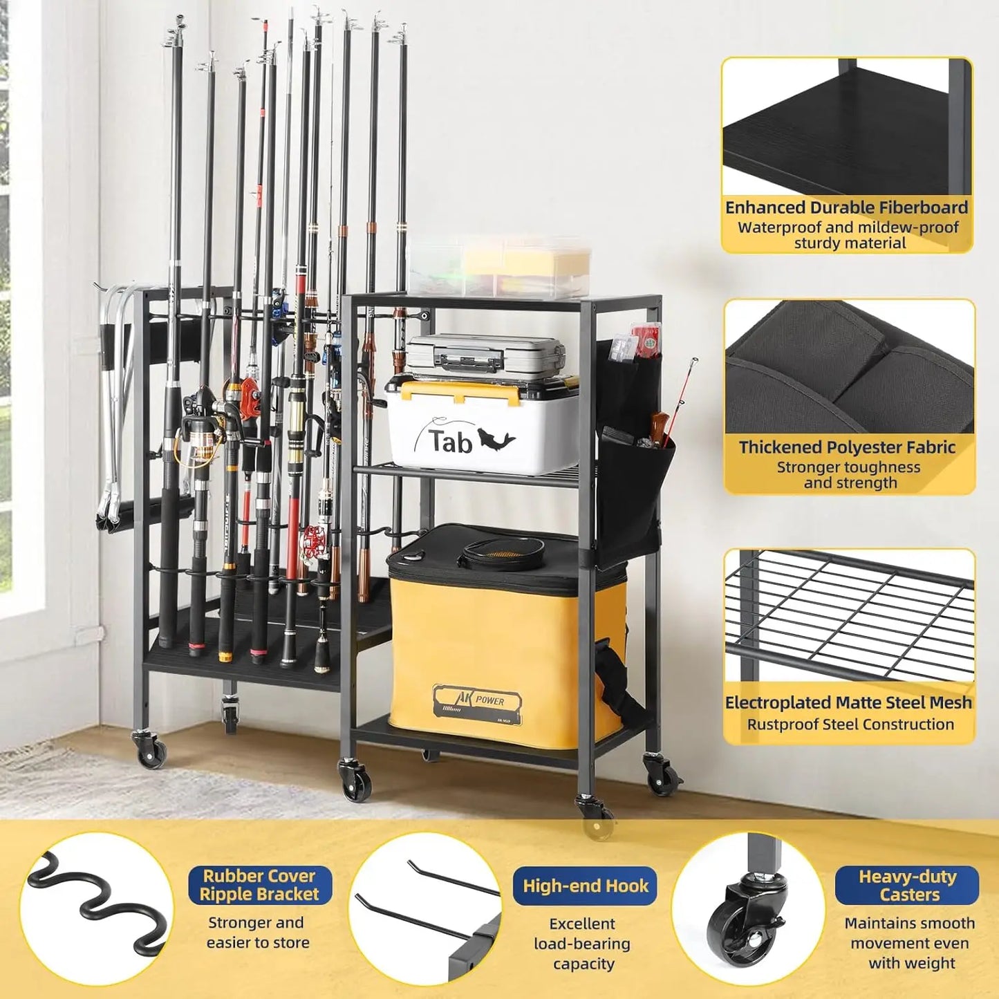 Rolling Fishing Rod Rack for Garage & Boat, Tackle Box & Reel Holder Cart, Easy Assembly Gear Management System