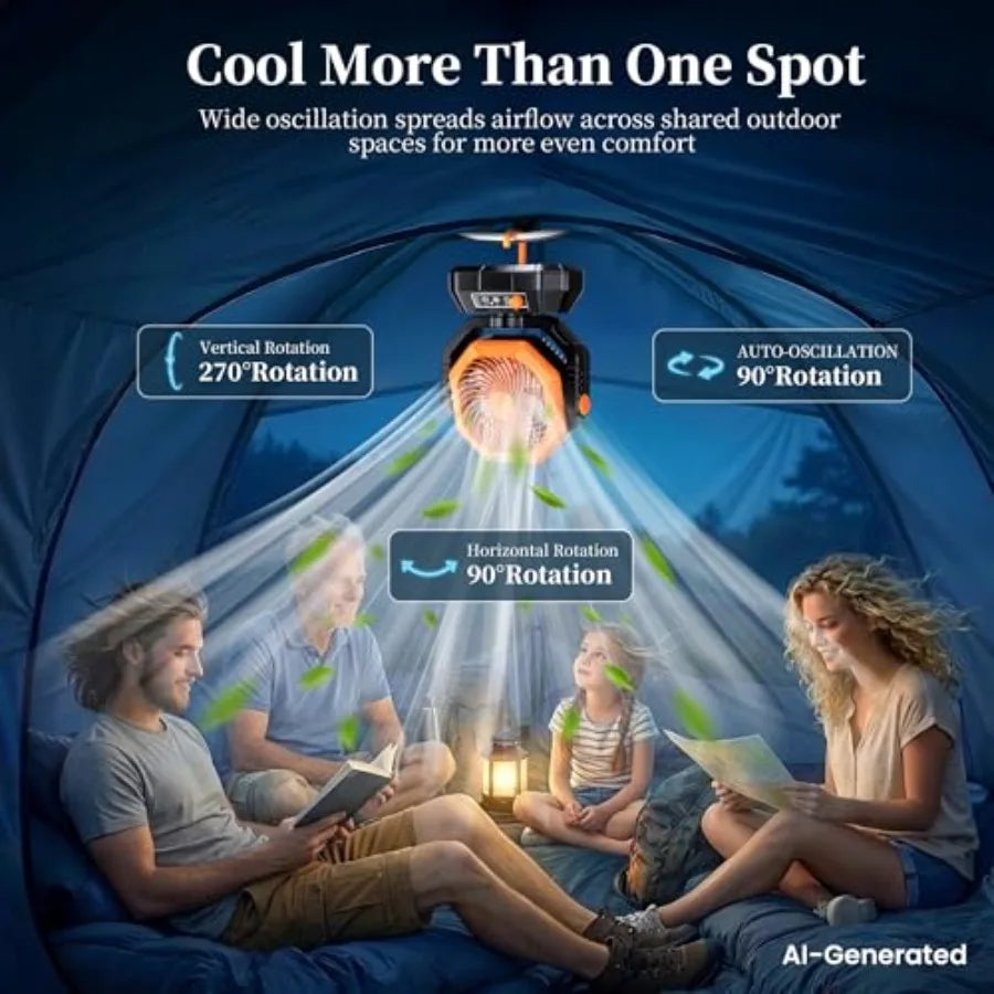 Camping Fan with Light, Remote and Oscillation, Battery Powered Hanging Tent Fan, Rechargeable Portable for Camp, Outdoor, Emer