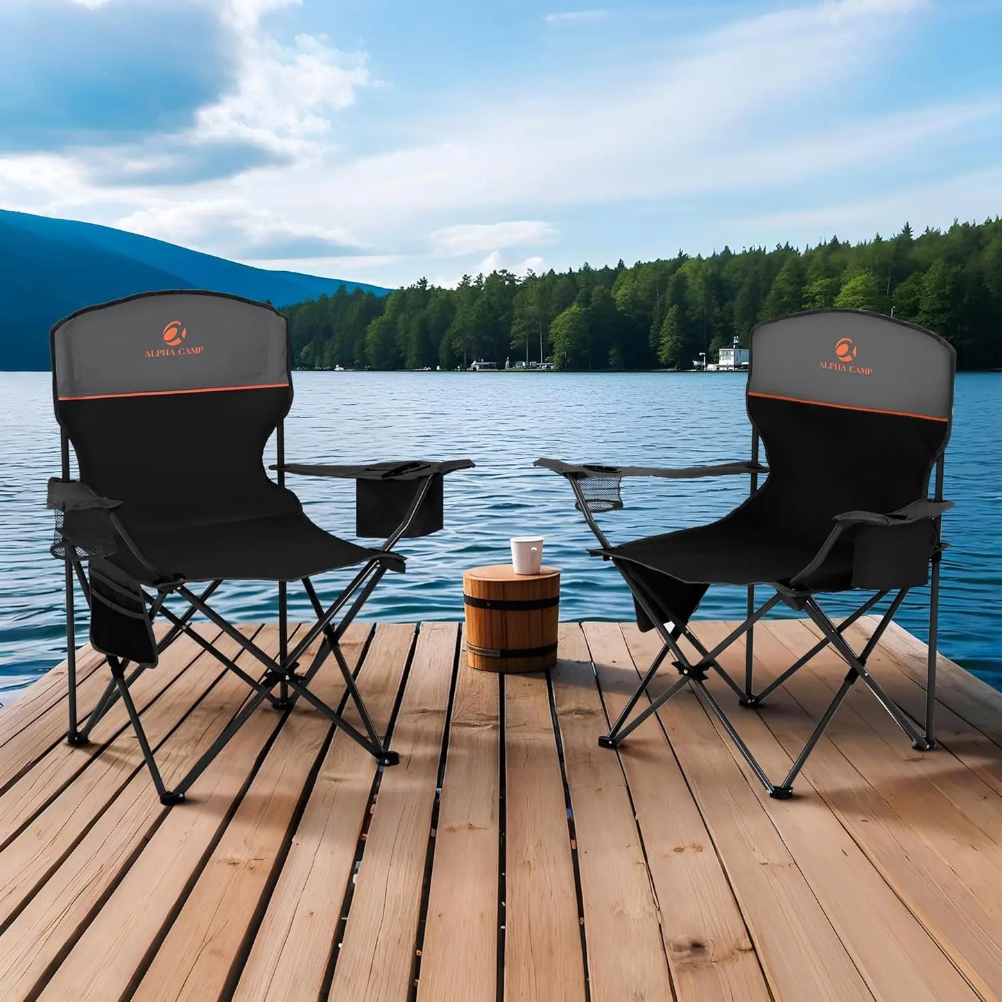 Camping Chair 2 Pack Portable Chair with 3-Can Cooler Folding Chair with Side Pocket and Cup Holder