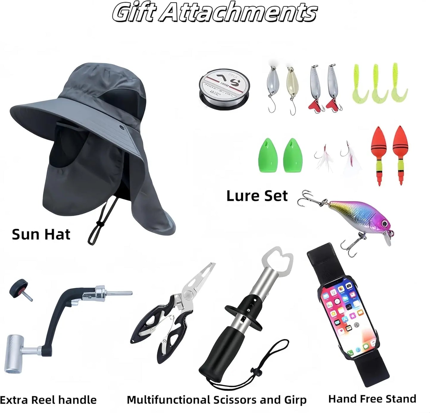 Portable Fishing Spinning Rod and Combo Set Carbon Fiber Fluorescent Rod Tip, with Fishing Lures Line