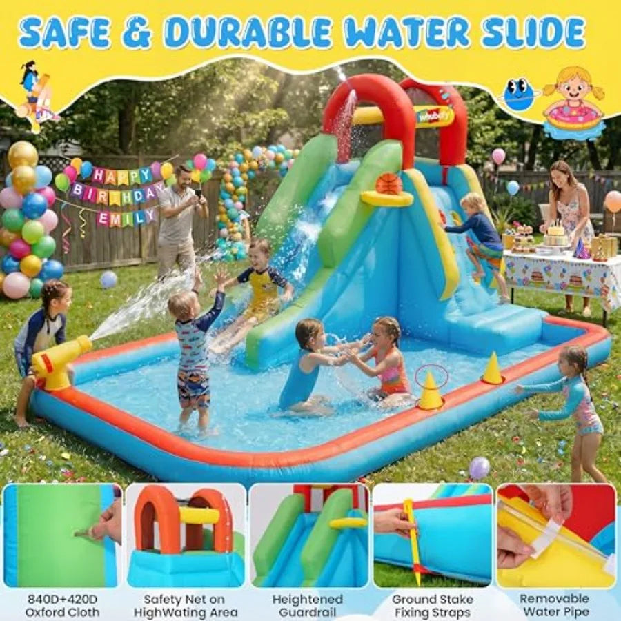Inflatable Water Slide for:PVC, Blue, 8-in-1 Compact Backyard Outdoor Water Park with Long Slide, Ring Toss, Basketball Hoop, W