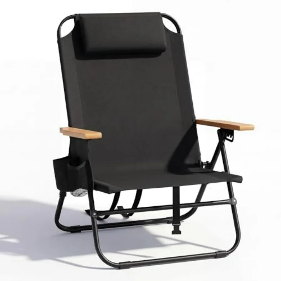 Portable beach chair for adults: lightweight outdoor camping chair with wooden armrests, black color, 5-position reclining flat