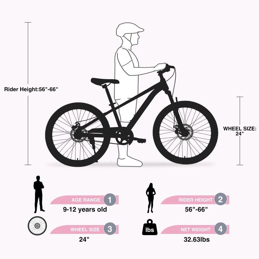 24 Inch Kids MTB Mountain Bike for Boys Girls Ages 9-12, Fit Height 56-66 Inches, Steel Frame Dual Disc Brake, Adjustable Seat Handlebar, Suspension Fork