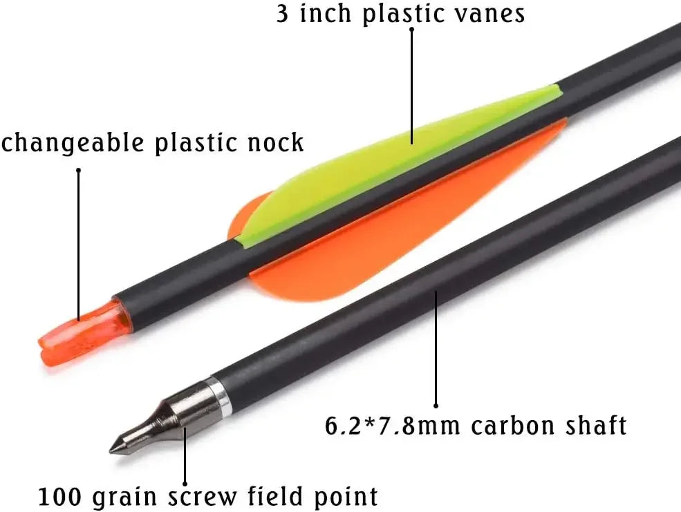 Carbon Arrow Hunting Arrows 26 28 30 Inch with 100 Grian Removable Tips for Compound Bow & Recurve Bow Practice Shooting