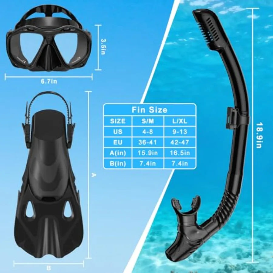 Snorkeling Gear for Adults, Mask Fin Snorkel Set, Dry Top Snorkel Mask, Panoramic View Anti-Leak Anti-Fog 3 in 1 Snorkeling Kit