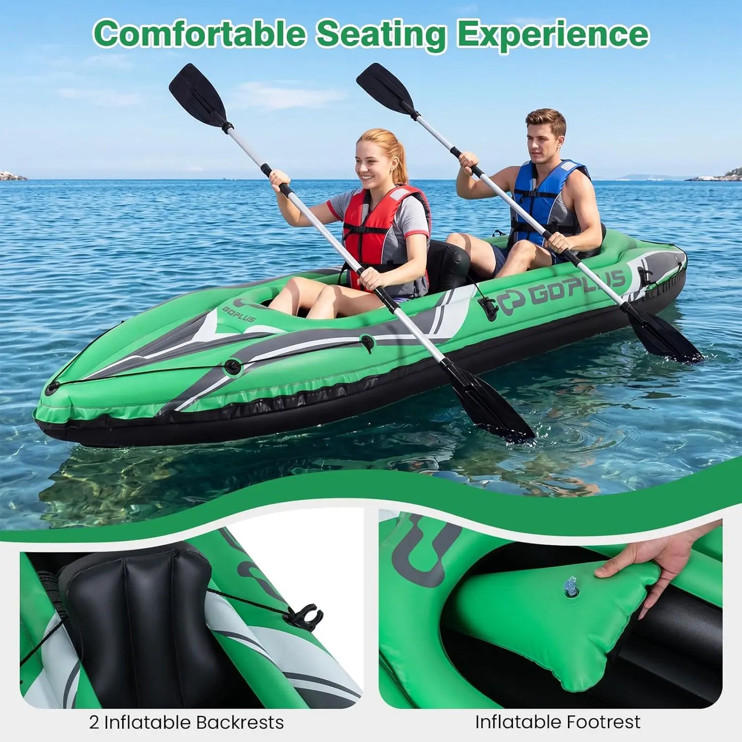 11.5 Ft Heavy Duty Inflatable Tandem Kayak for Two Adults - Includes Aluminum Paddles, Seats, Footrest, Hand Pump - Blow Up Canoe for Fishing in Lake and River