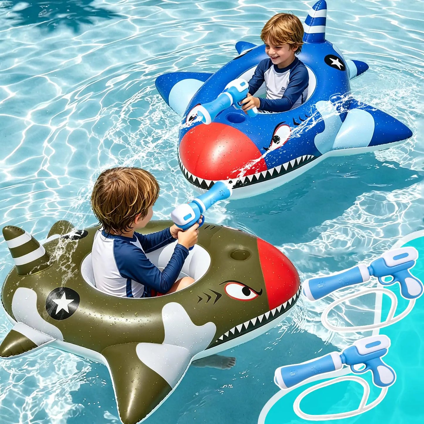 Altrek Store 2 Pack Inflatable Shark Pool Floats Kids 3-11 Years, Kids Floaties Swimming Pool Toys with 2 Water Squirt Guns Boys Girls Party Float Ride-on Toddler Floatie with Safety Seat Summer Outdoor Water Game