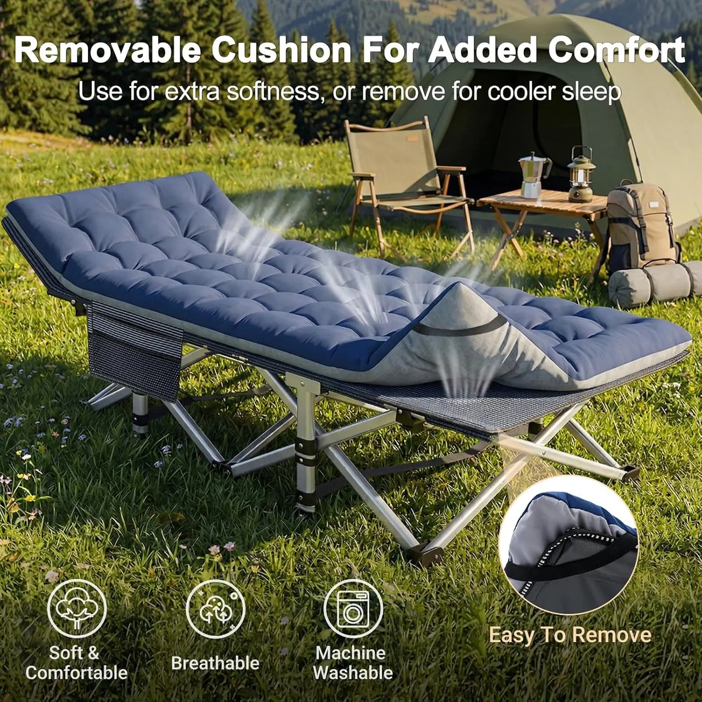 Extra Wide 28" Camping Cot for Adults, Heavy-Duty 1200D Oxford Fabric, Portable Folding Bed with Mat & Carry Bag