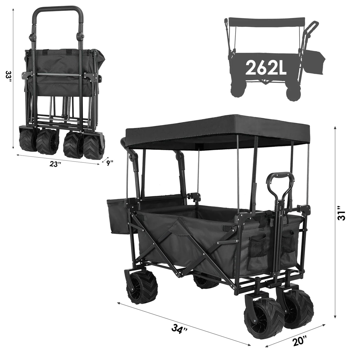 Foldable Caravan Folding Wagon Cart Garden Trolley with Detachable Canopy Portable Camping Beach Utility
