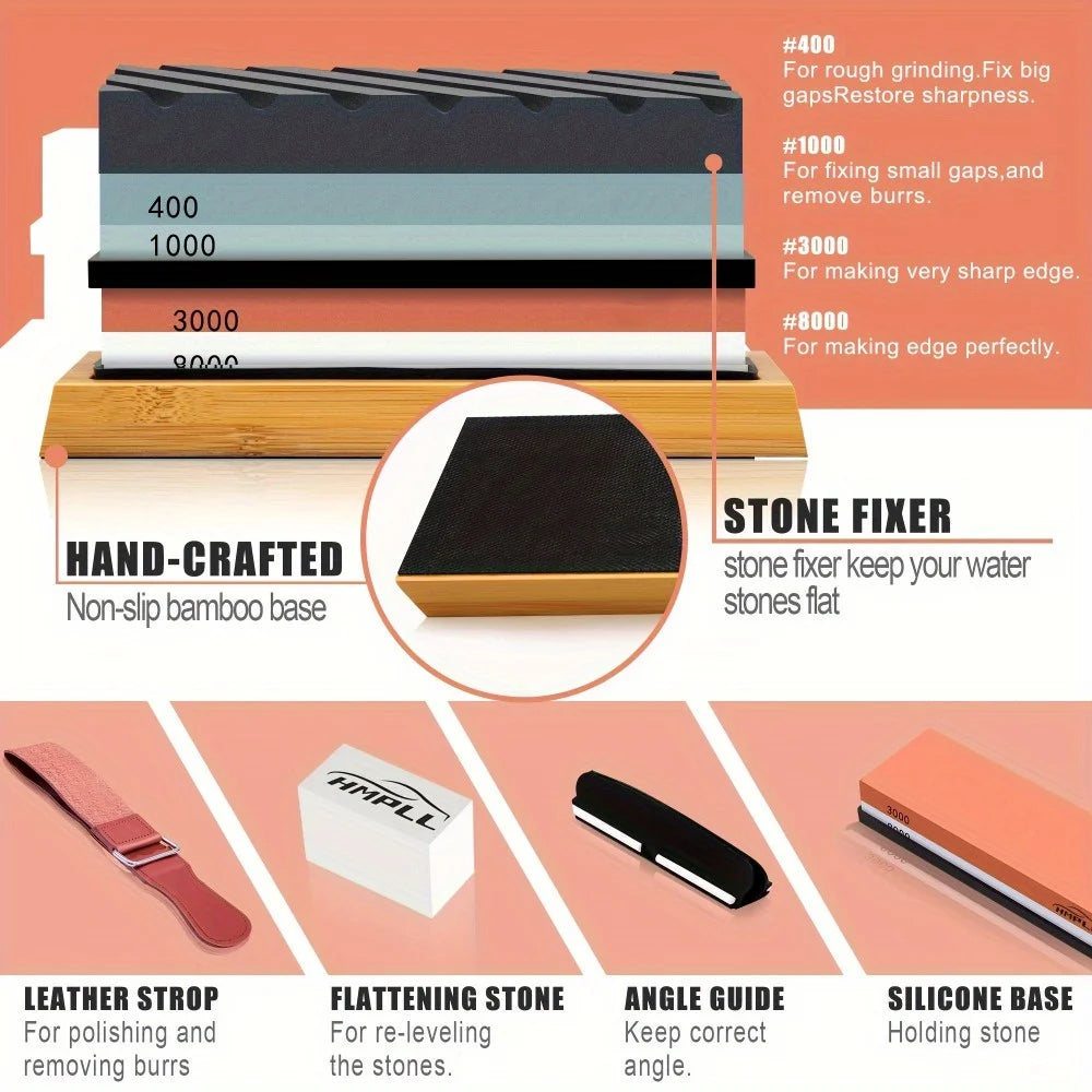 Kitchen Knife Sharpening Stone Set 400 1000 3000 8000 Grit, 4 Sided Whetstone with Bamboo Base and Angle Guide