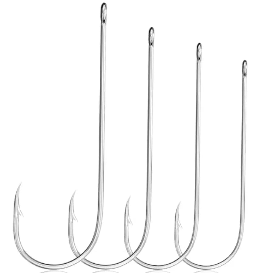Sea fishing hooks for offshore use, high carbon steel, silver, 25 pcs large barbed Aberdeen hooks with long shank and wide gape