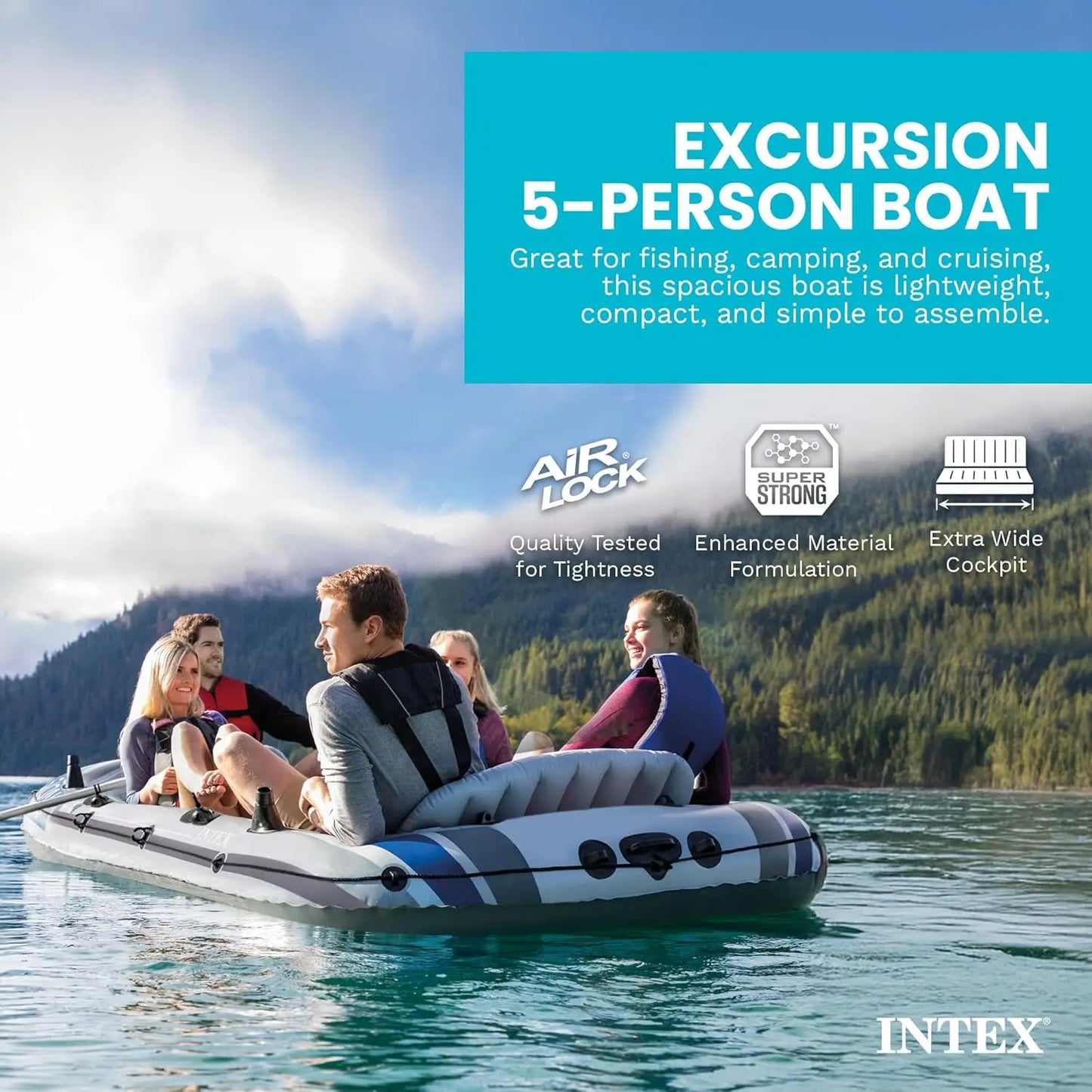 5 Person Inflatable Boat Set - Large 1,300 Lb Capacity Fishing Raft with Oars, Pump, Rod Holders