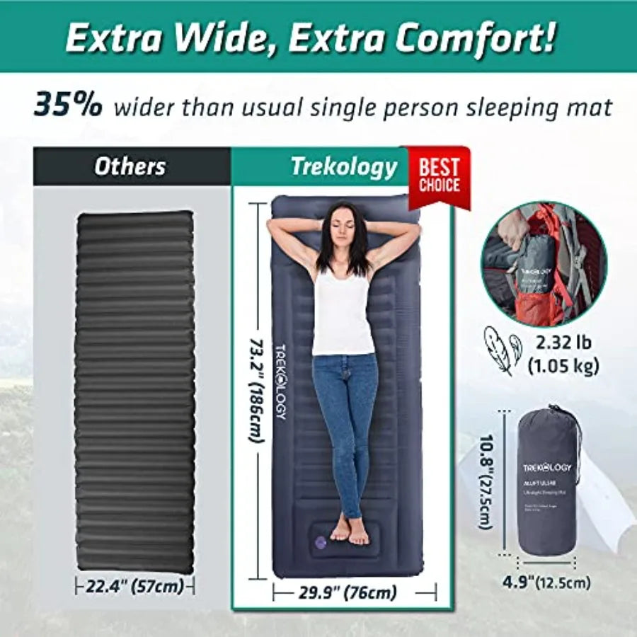 Camping sleeping pad inflatable mat with built-in pump, neck-support pillow, 4.9 thickness, ultralight, 73.2x29.9, premium nylo