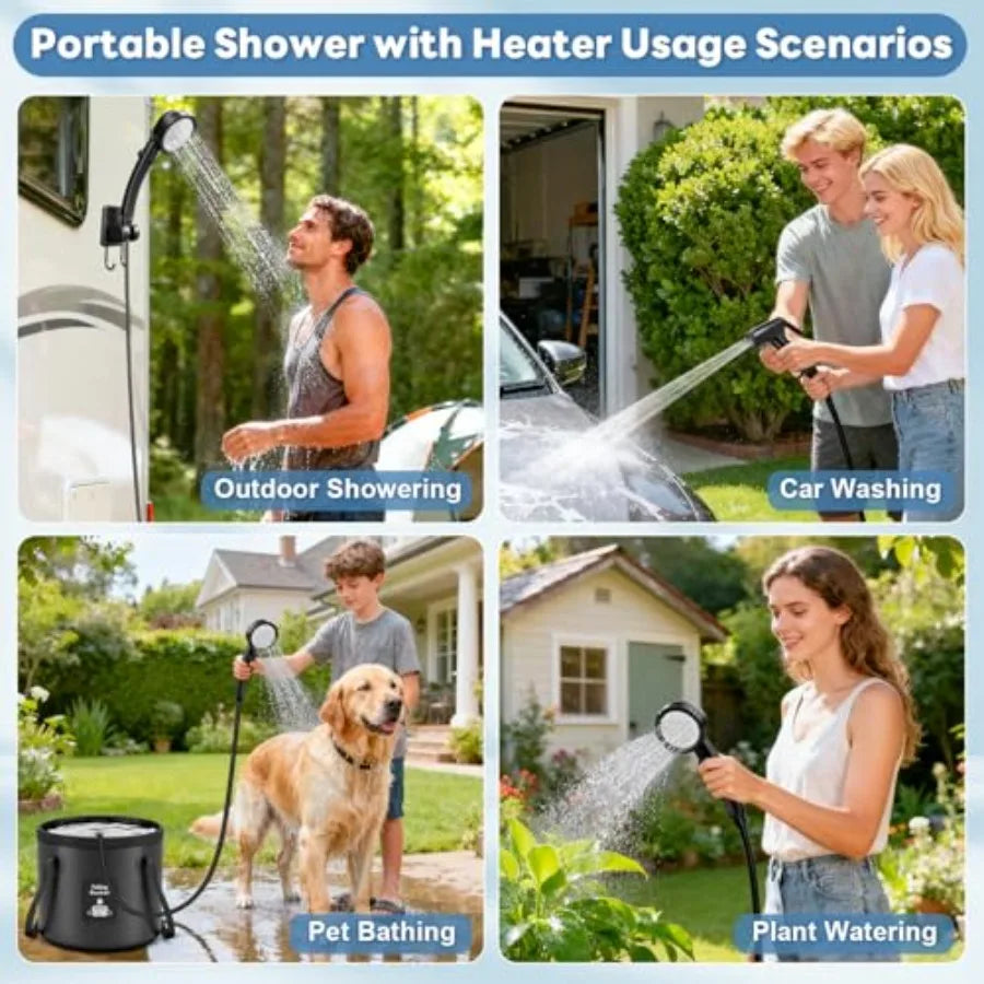 Portable Shower with Heater 6000mAh Rechargeable Camping Shower with LED Display, 3 Spray Modes, IPX7 Waterproof Shower Pump Fo