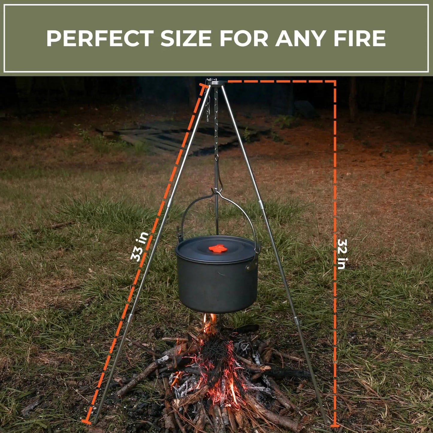 Open Fire Compatible 33 Inch Camping Tripod Foldable Stainless Steel Cooking Stand With Adjustable Chain Compact Bushcraft Gear For Fire Pit BBQ Backpacking Picnic Hanging Cookware