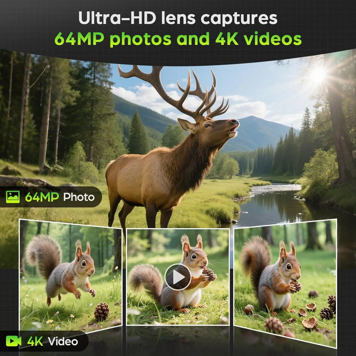 Rechargeable 4K 64MP Trail Cam with Night Vision Motion Activated Waterproof IP66, 0.1s Trigger Game Cam with 850nm Low Glow