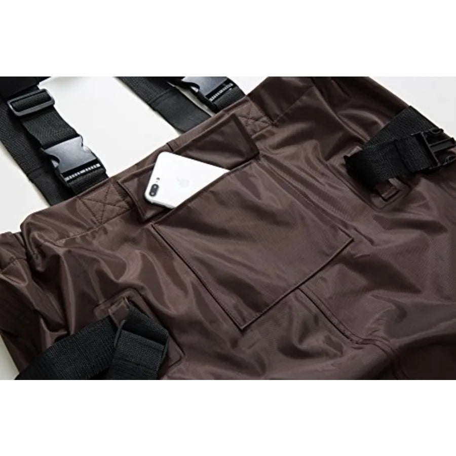 Duck and Fish Brown Chest Wader Cleated Boot Feet with Waist Belt for wetland fishing, neoprene material, brown color, reinforc