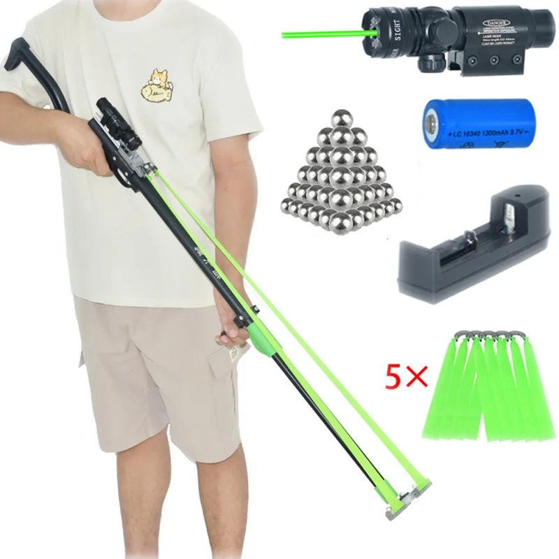 Powerful Metal Slingshot For Adults, Outdoor Hunting Catapult With green laser Heavy Duty Slingshot Rifle with 5 Thicken Rubber Bands Equipped with green laser and steel balls