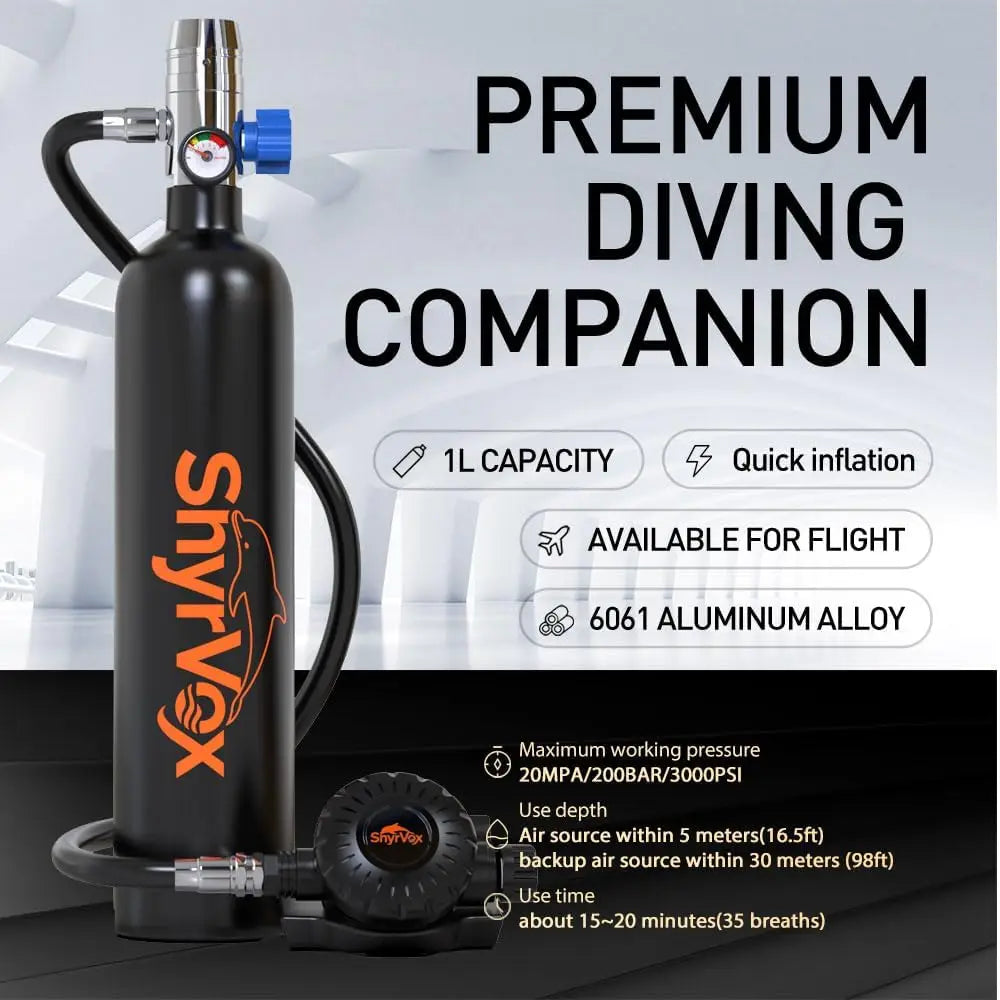 Mini Tank & Full Face Snorkel Mask Set – Portable 1L Scuba Cylinder, 3000 PSI Diving Bottle, 15–20 Minute Air Supply for Snorkeling