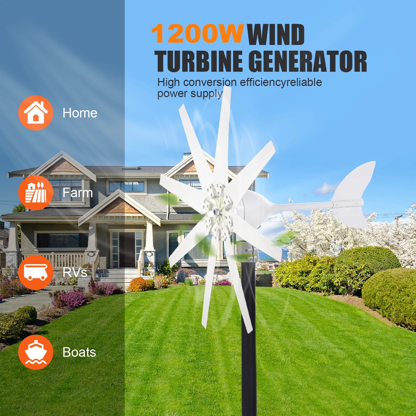 IP66 Wind Power Generator Kit, 1200W Residential Home Wind Turbine System 24V for RV, Boats, Home, Ship