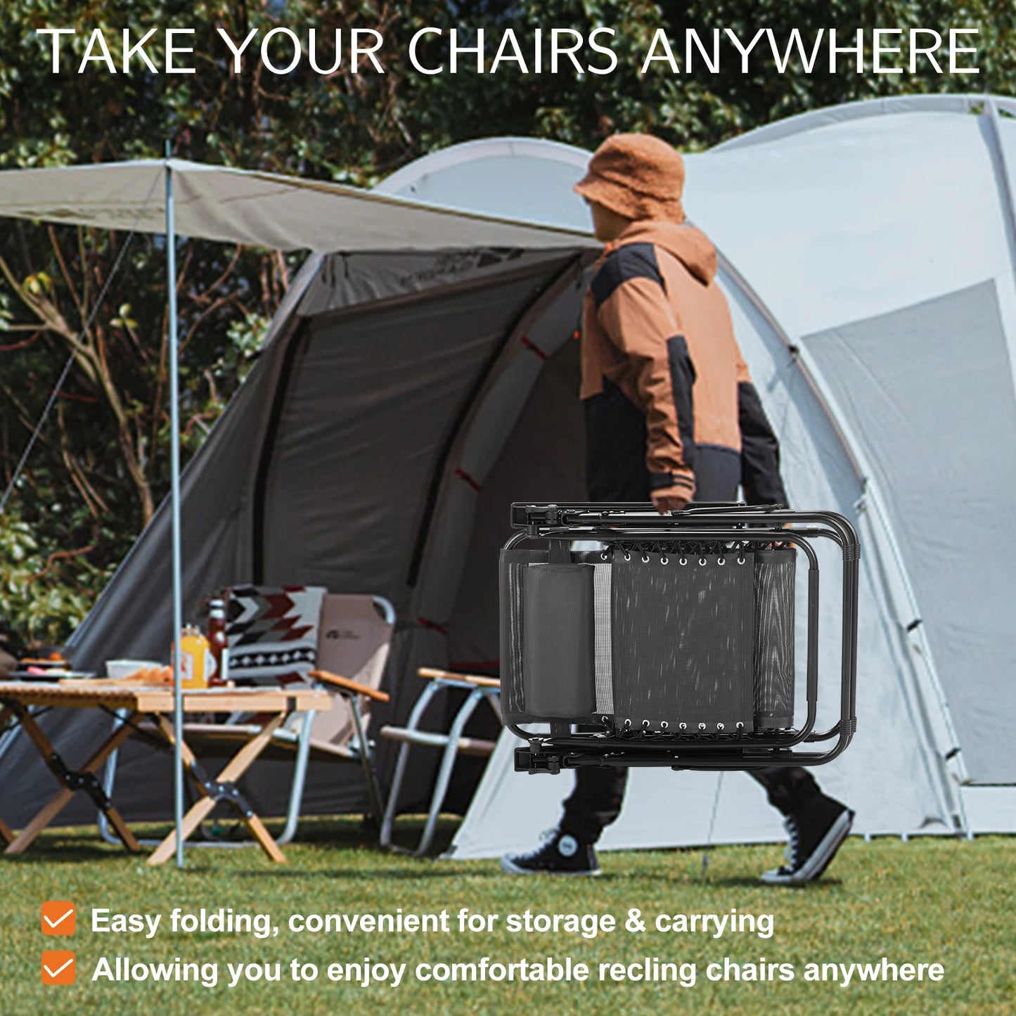 Zero Gravity Set of 2 Portable Recliner Camping Patio Outdoor Garden Lounge Chair with Cup Holder Trays Adjustable Pillow