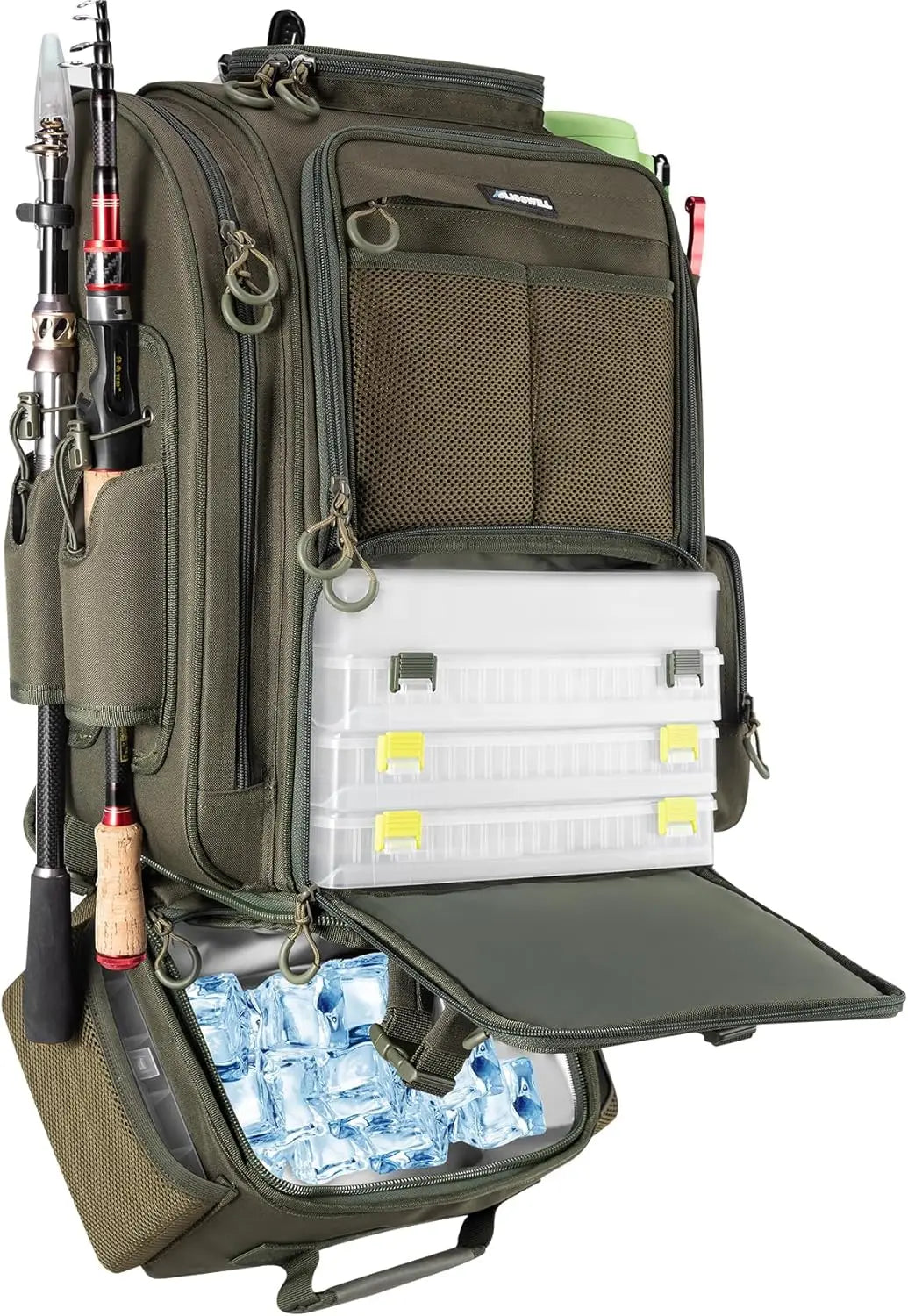 Large Fishing Backpack with Cooler, Rod Holders for 3 Tackle Boxes - Waterproof Outdoor Bag for Camping Hiking