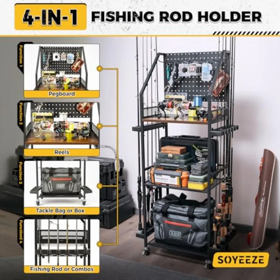 Fishing Rod Holders for Garage Fishing Pole Holders Up to 12 Rods with Pegboard and Hooks Rolling Fishing Cart with Wheels Fish