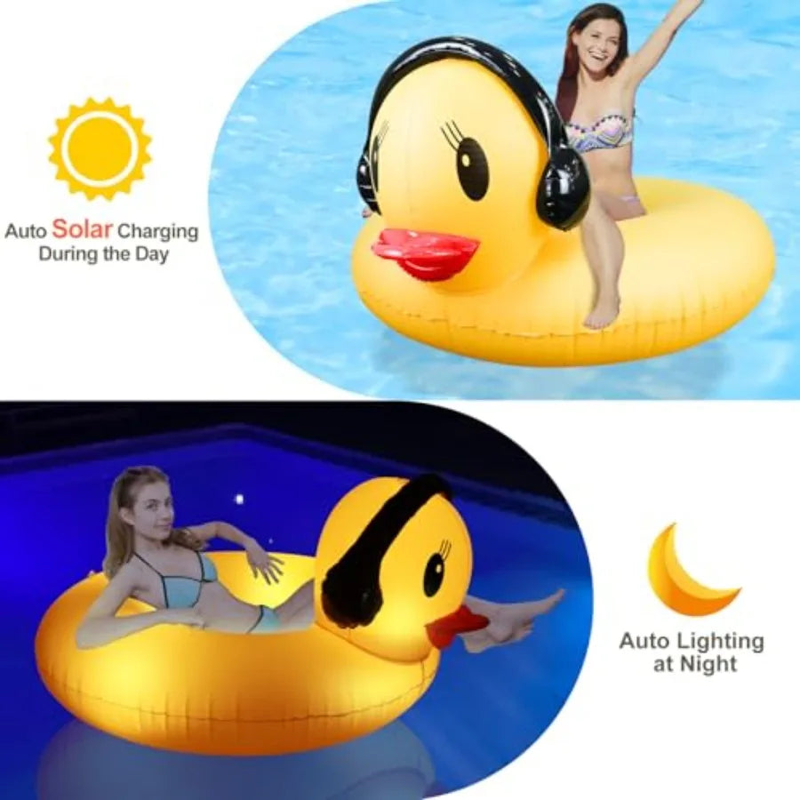 Inflatable Duck Pool Float with Lights, Solar Pool Inflatables Duck Floaties for Adults, 42" Large Animal Swim Tube Ring Pool F