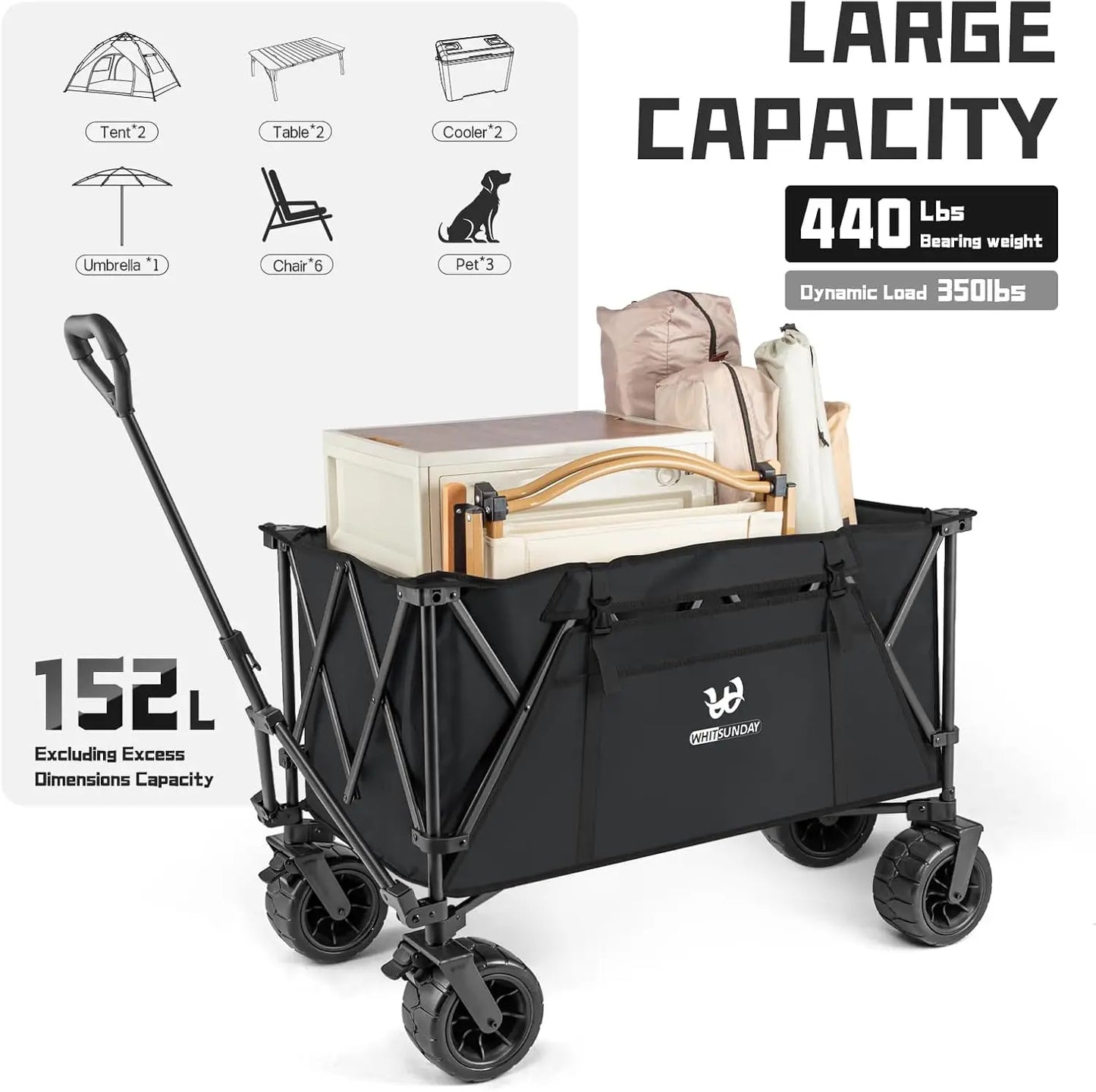 Heavy Duty Collapsible Wagon with Table, 440Lbs Capacity, All Terrain Wheels for Beach and Camping