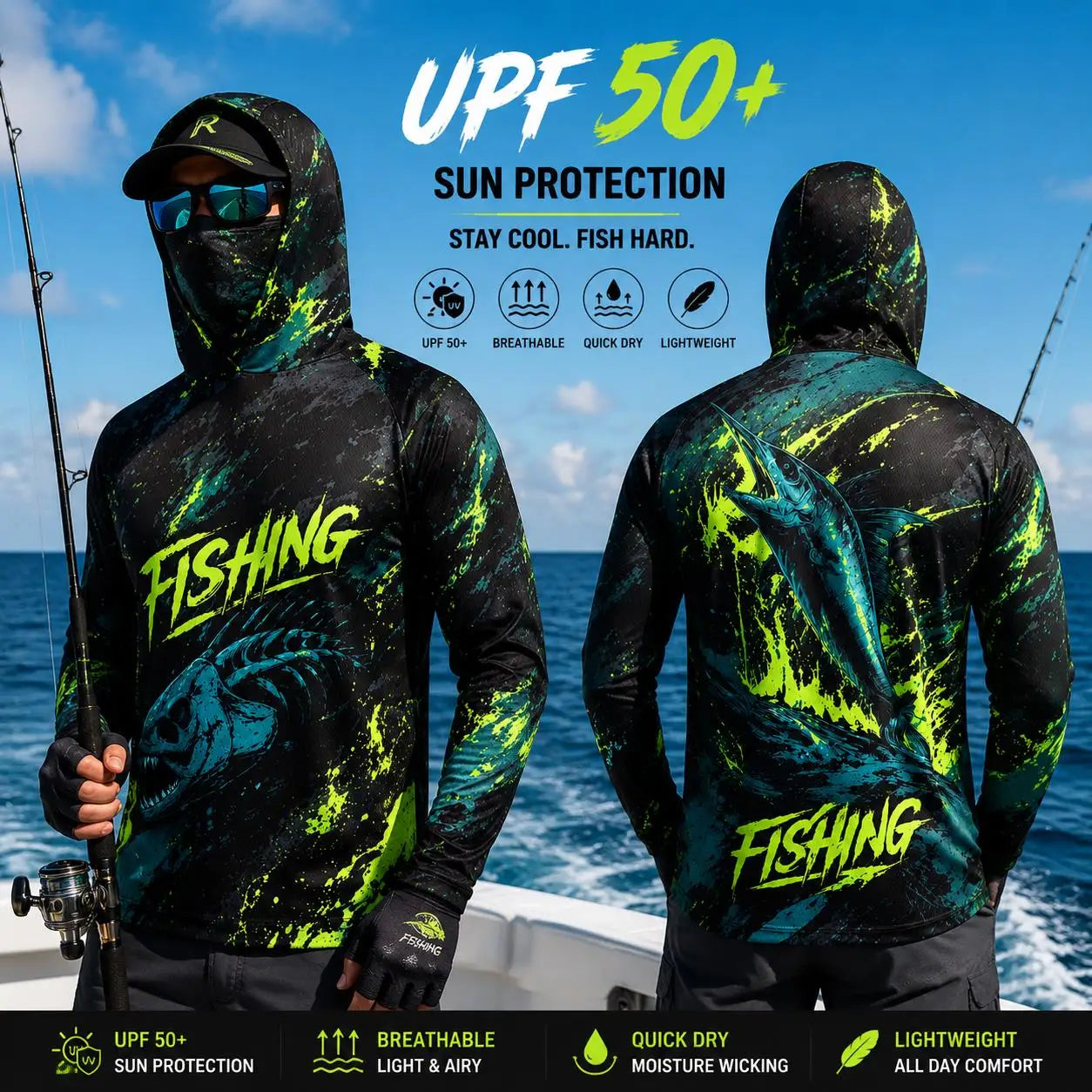 Men's Purple Camo Fishing Hoodie UPF 50 Sun Shirt Quick Dry Breathable Long Sleeve Outdoor Angling Jersey With Neck Gaiter