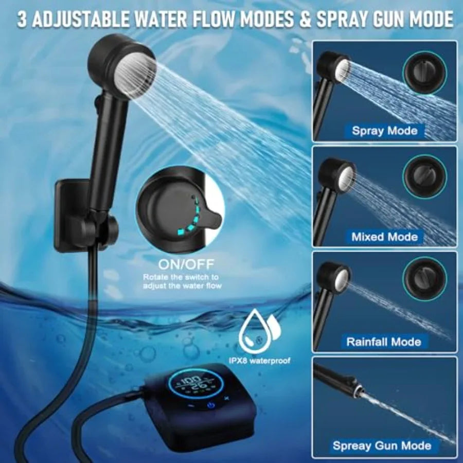 Portable Shower for Camping [Upgraded] 8000mAh Rechargeable Camping Shower with 5 Adjustable Speeds 4 Spray Modes LED Display I