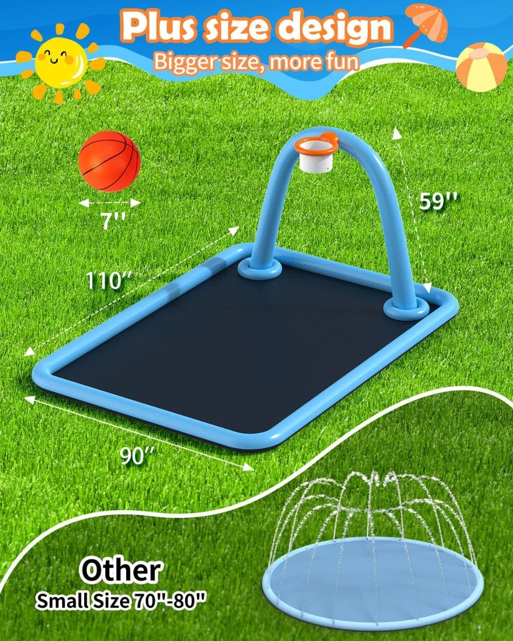 110'' Large Splash Pad with Basketball Hoop, Non-Slip Sprinkler Mat, Foldable Outdoor Summer Water Toys