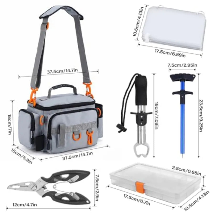 Fishing Tackle Bags with Tackle Box, Waterproof, Padded Shoulder Strap, Gear Storage, Fish Bag with 136 Pcs Fishing Lures Kit,