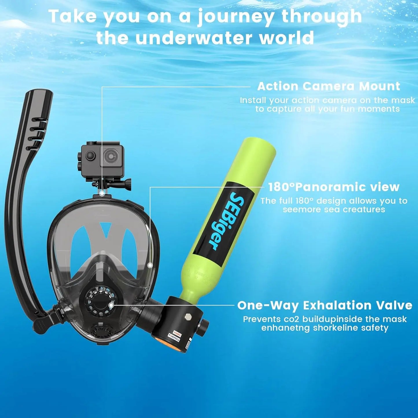 Mini Scuba Tank 0.5L with Full-Face Snorkel Mask, DOT-Certified for Underwater Breathing Support - Ideal Snorkeling Set