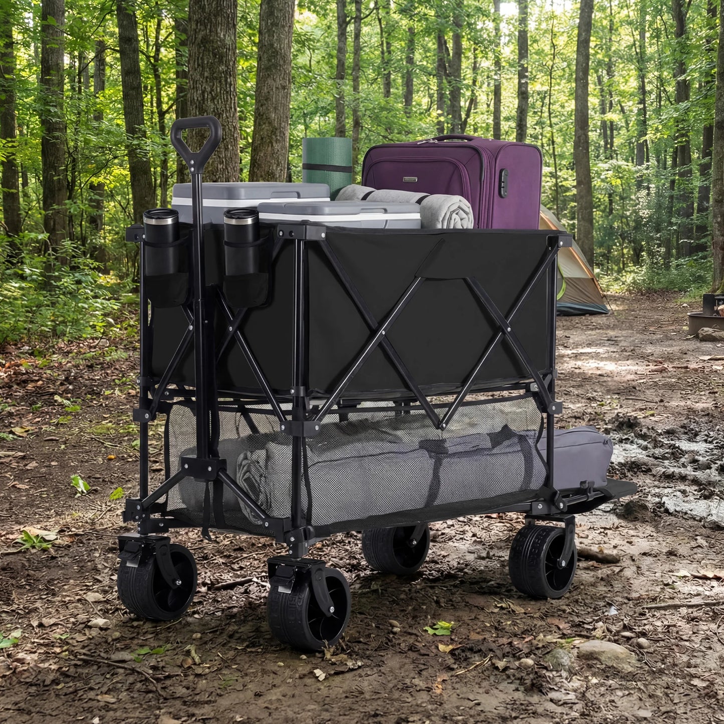 JHK Outdoor Double Decker Wagons Cart 440 lbs Large Capacity Collapsible Foldable Garden Beach Cart for Grocery Garden Camping