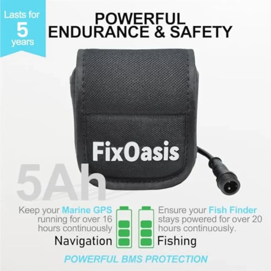 Kayak marine fish finder battery and charger kit: 12V lithium-ion, black, compact design with 5-year warranty for Garmin, GPS m