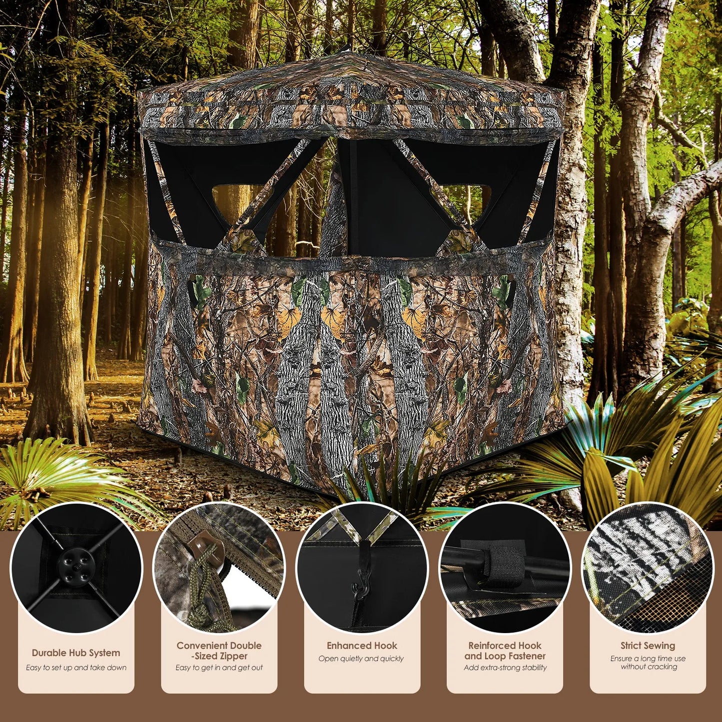Portable 3 Person Hunting Blind Surround View Pop-Up Tent w/ Slide Mesh Window