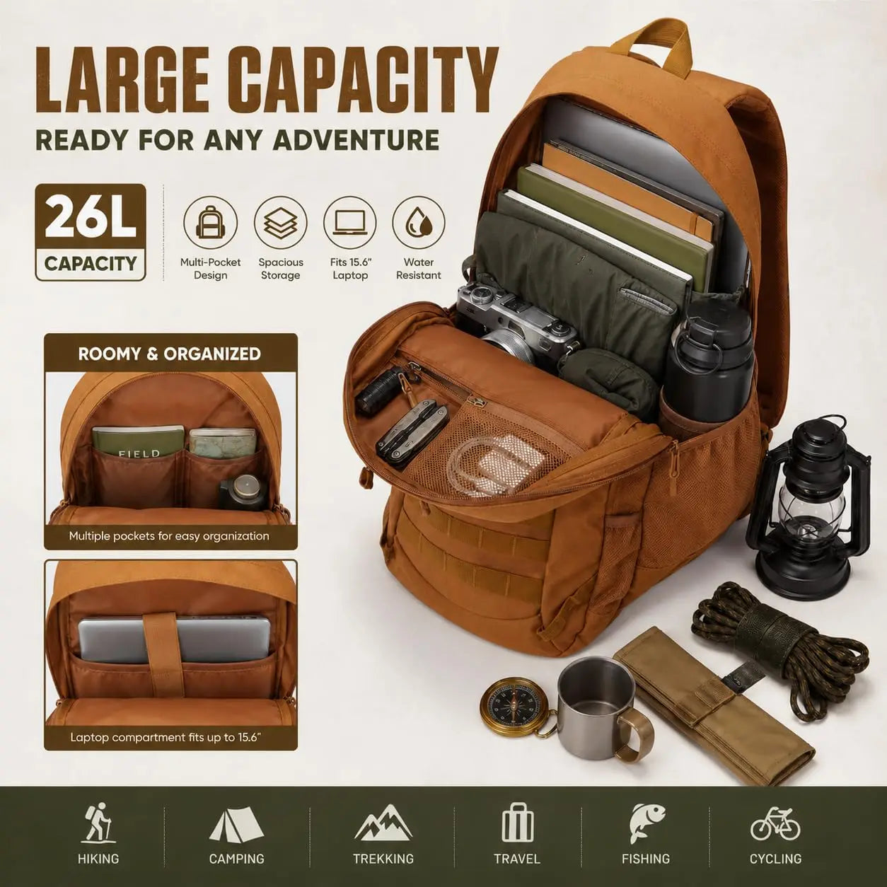 26L Waterproof Tactical Hiking Backpack For Men And Women Lightweight Laptop Travel Daypack Outdoor Camping